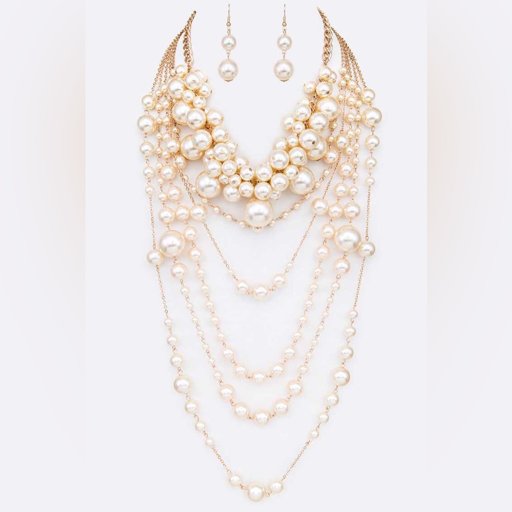 2PC Gold & Cream Layered Pearl Statement Necklace Set